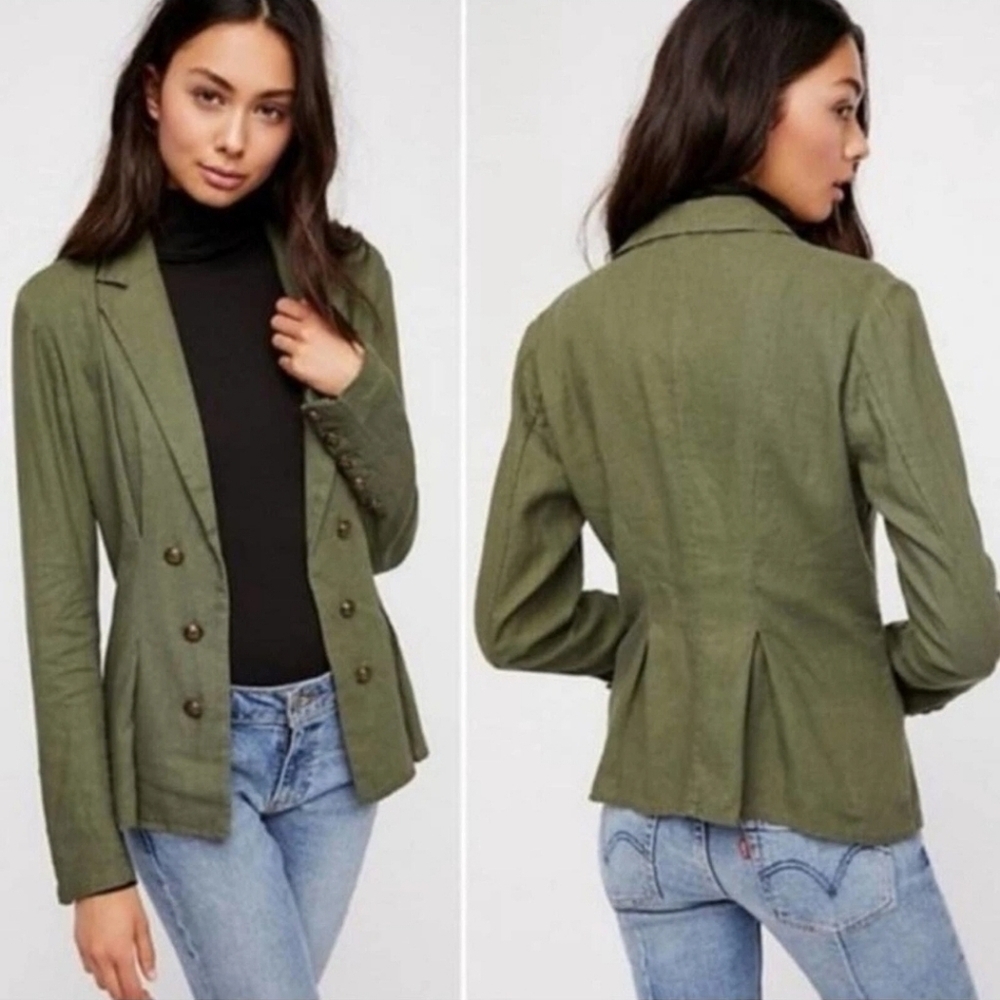 Free People Linen Military Cinched Waist Blazer Army Green Grunge Subversive XS